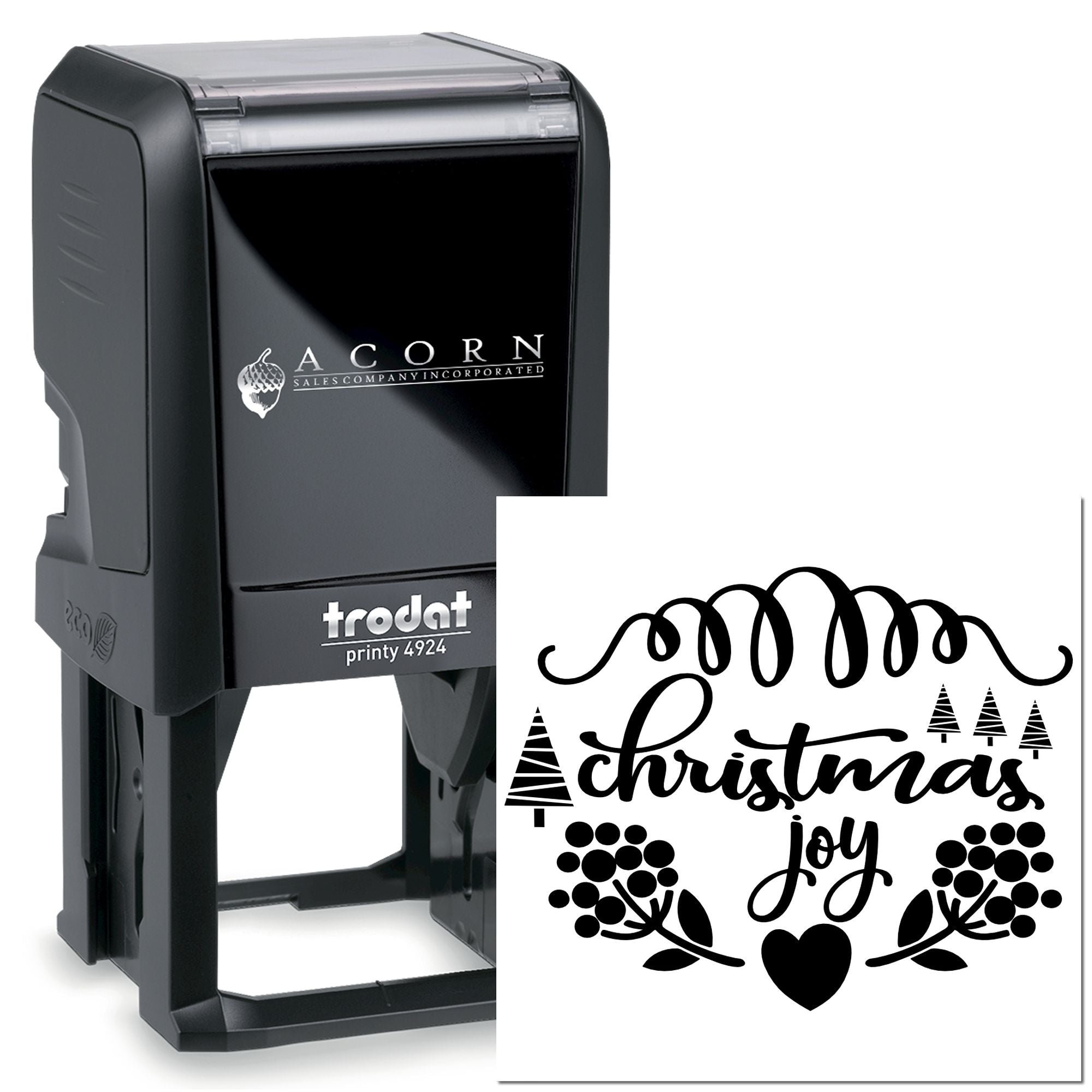 Self-inking rubber stamp with Christmas Joy floral heart design for festive holiday cards, gifts, and packaging.