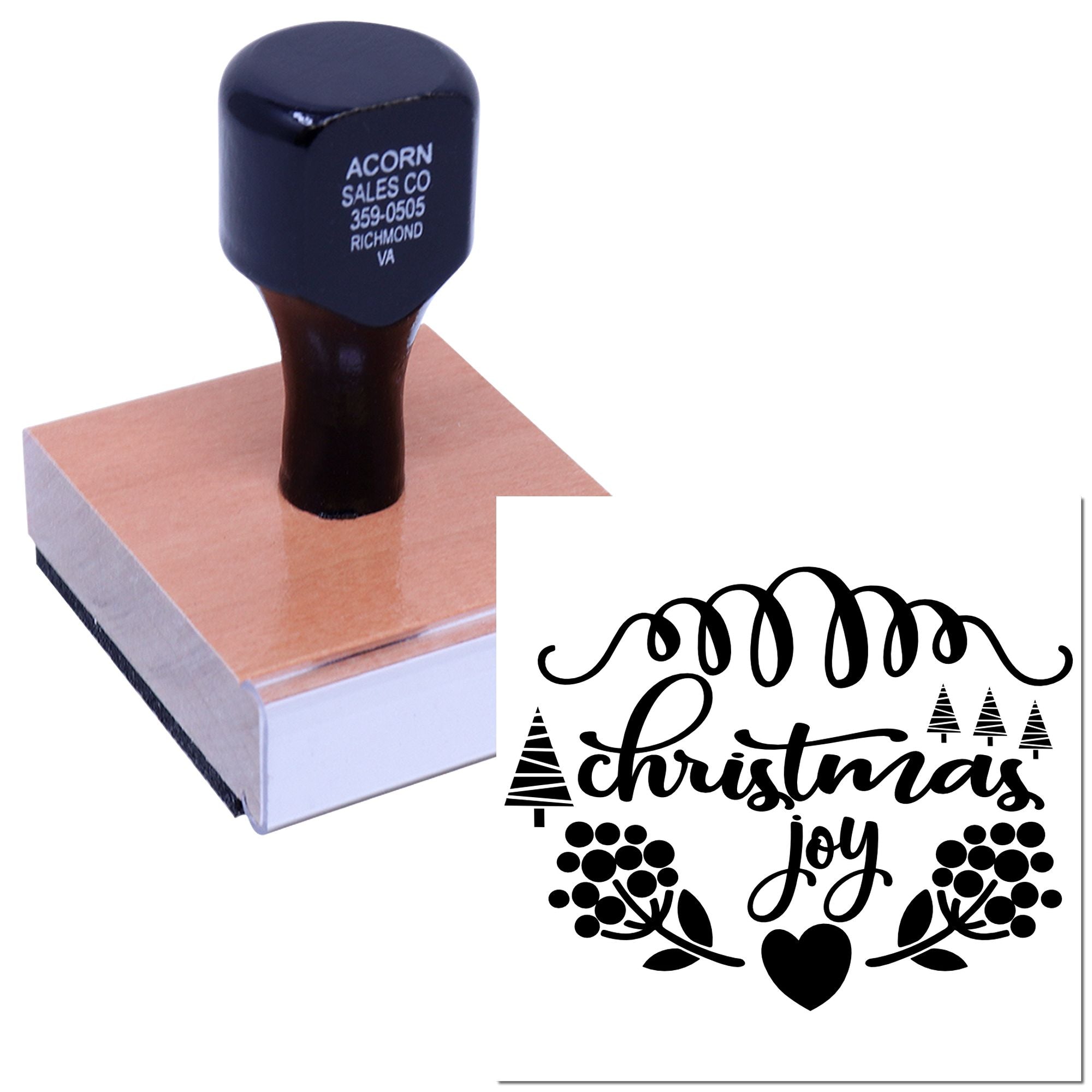Custom rubber stamp with Christmas Joy design for holiday cards, gift tags, and festive packaging.