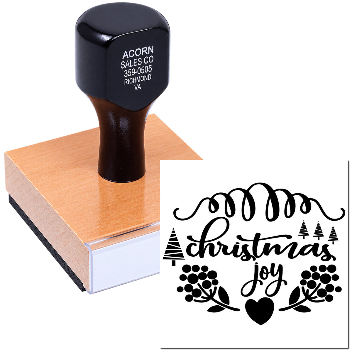 Custom rubber stamp with Christmas Joy design for holiday cards, gift tags, and festive packaging.