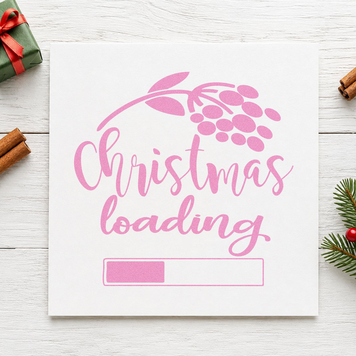 Christmas Loading Berry Branch craft stamp in purple ink on cardstock, an easy option for patience album page.