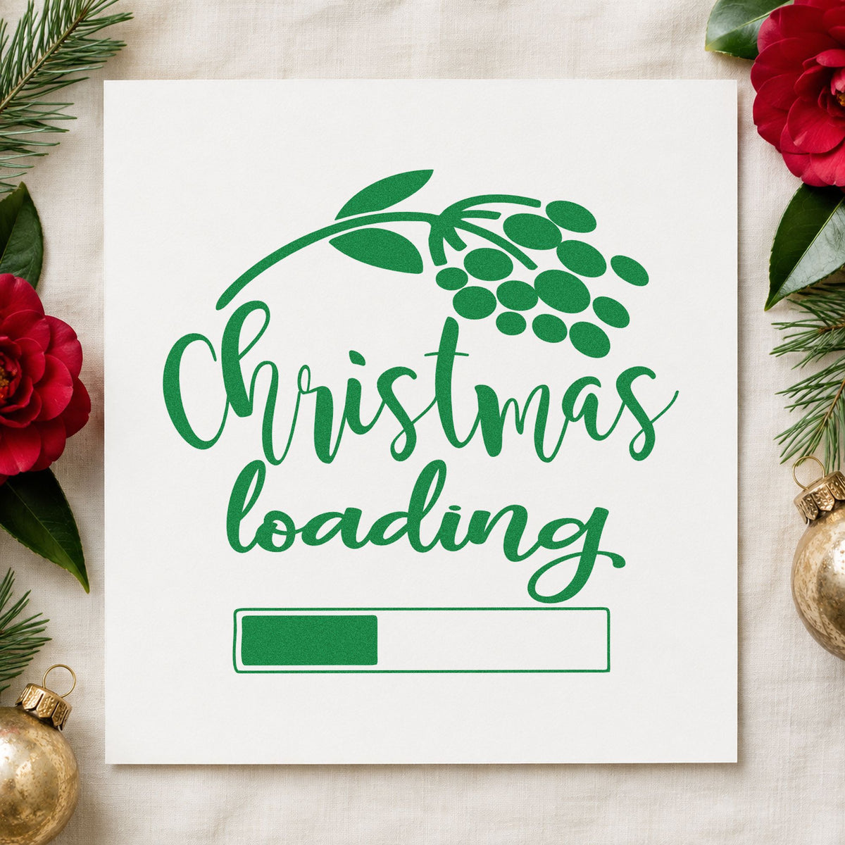 Christmas Loading Berry Branch craft stamp imprint in green ink on a handmade project, one idea being wait reward tags.