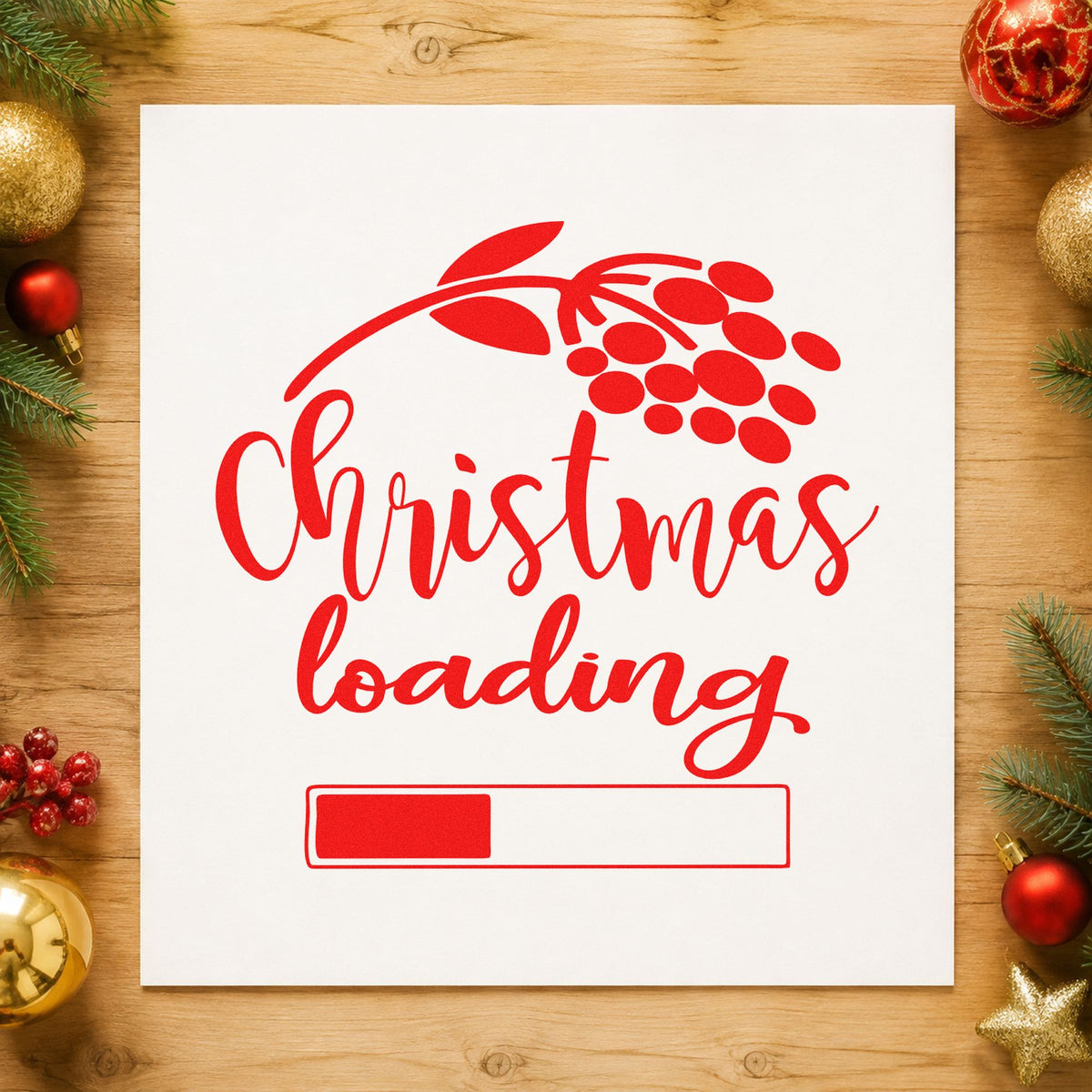 Christmas Loading Berry Branch craft stamp in red ink on cardstock, an easy option for growth cloth printing.