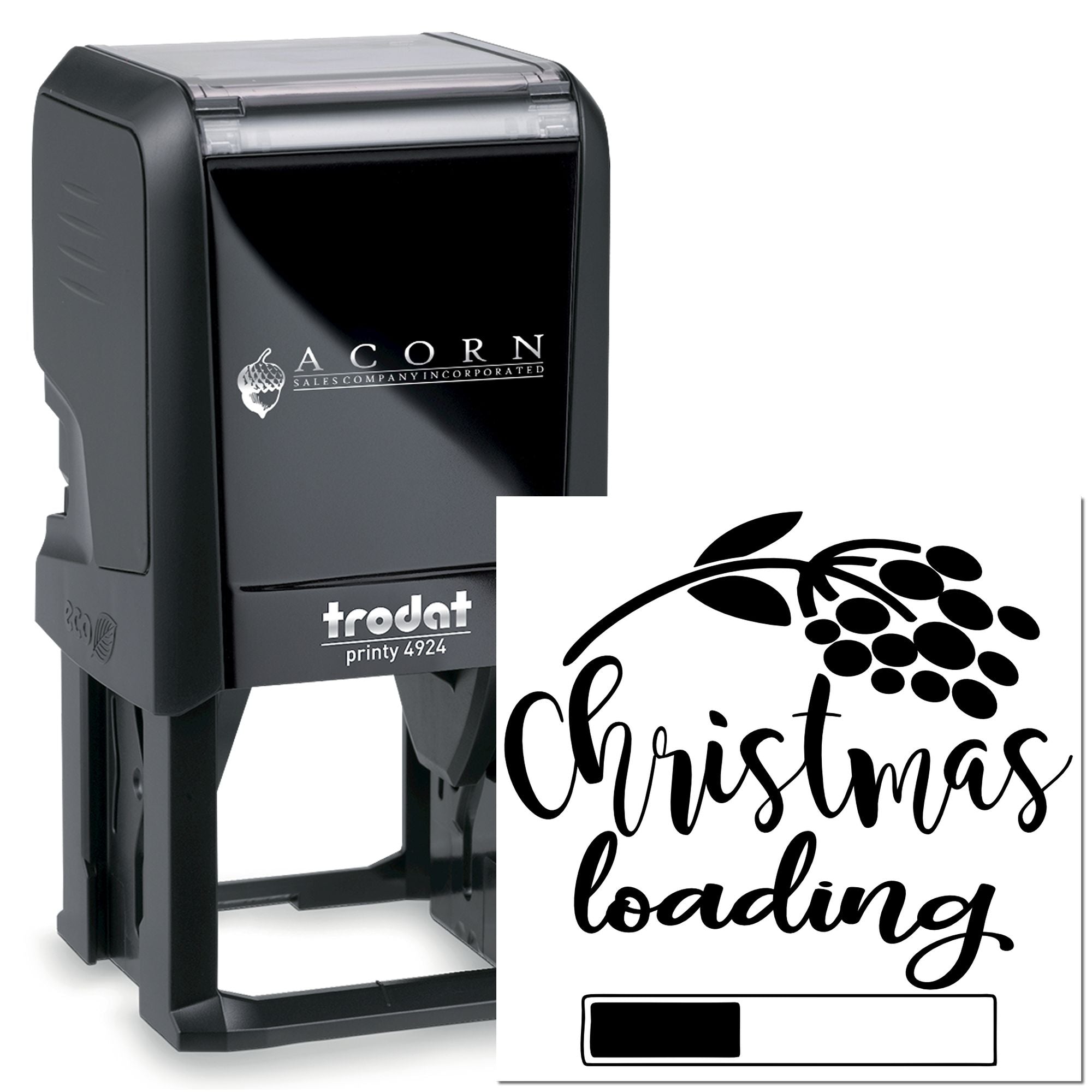 Custom Trodat Printy 4924 self-inking rubber stamp with Christmas Loading design for holiday packaging and branding