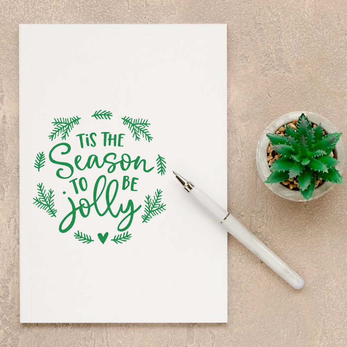 Christmas rubber stamp with Tis the Season to Be Jolly pine accents for festive cards, crafts, and holiday stationery.