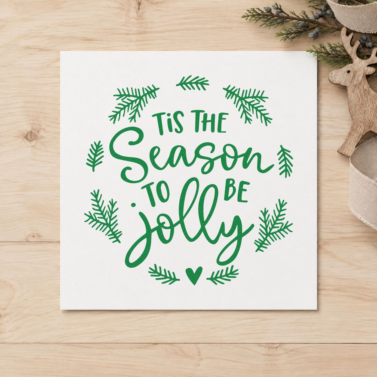 Tis Season To Be Jolly Wreath craft stamp imprint in green ink on a handmade project, one idea being wreath kit gift tags.
