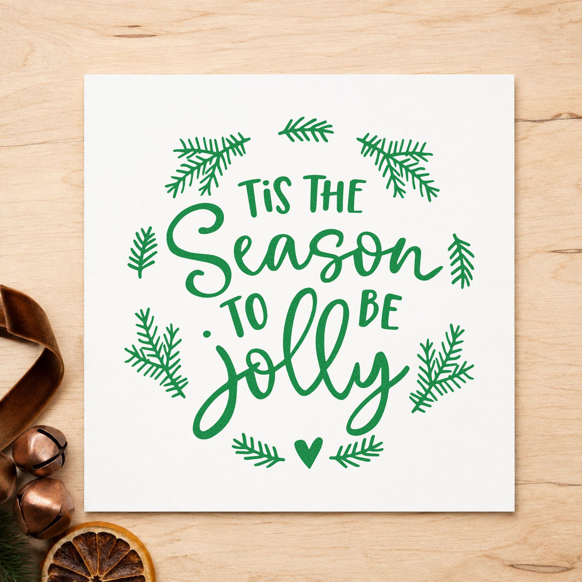 Tis Season To Be Jolly Wreath craft stamp imprint in green ink on a handmade project, one idea being workshop seat cards.