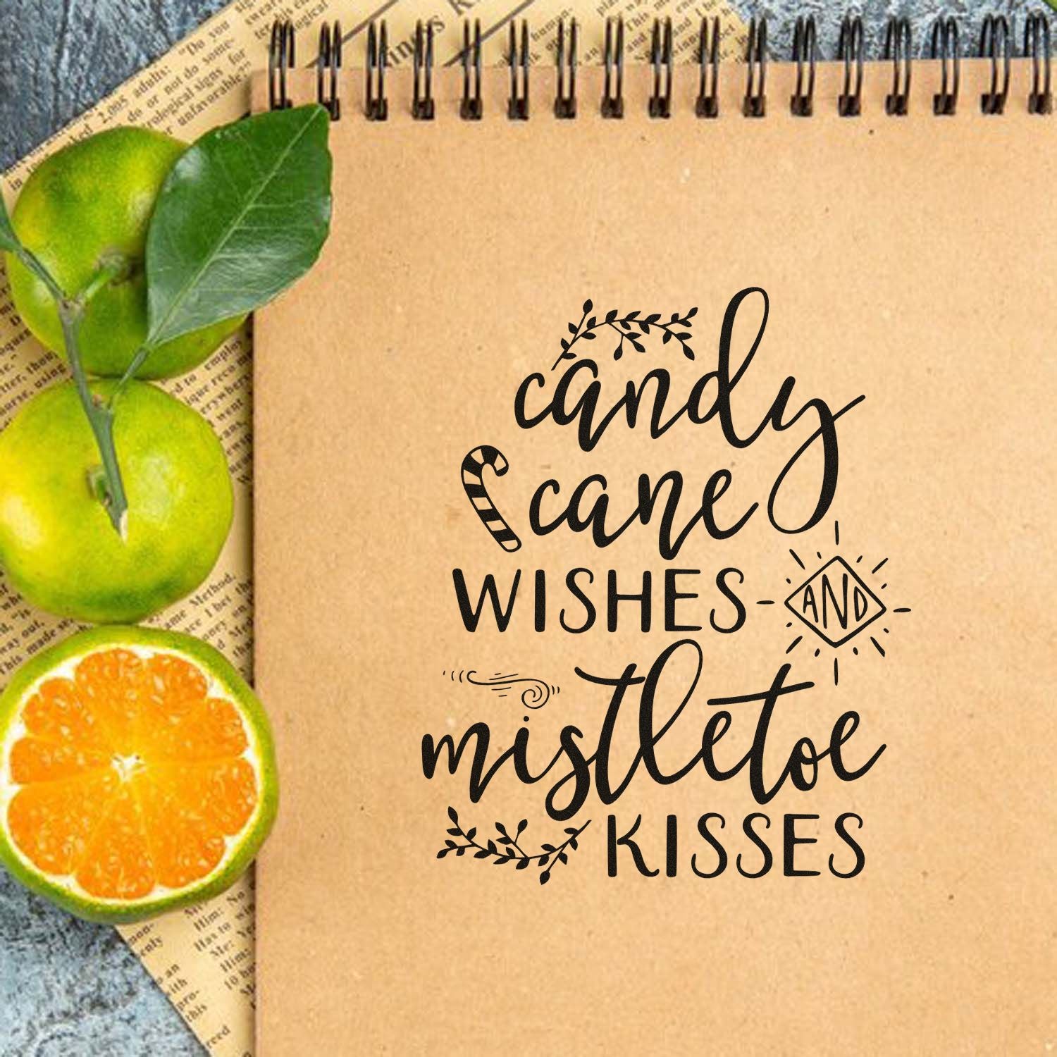 Holiday rubber stamp sentiment reading Candy Cane Wishes and Mistletoe Kisses on a kraft notebook cover.