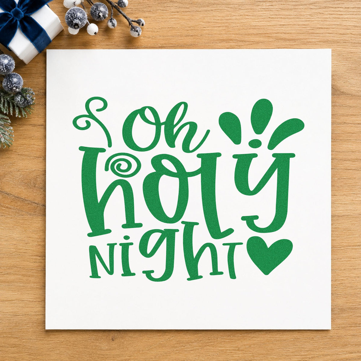 Oh Holy Night Heart craft stamp imprint in green ink on a handmade project, one idea being hymnal gift tags.