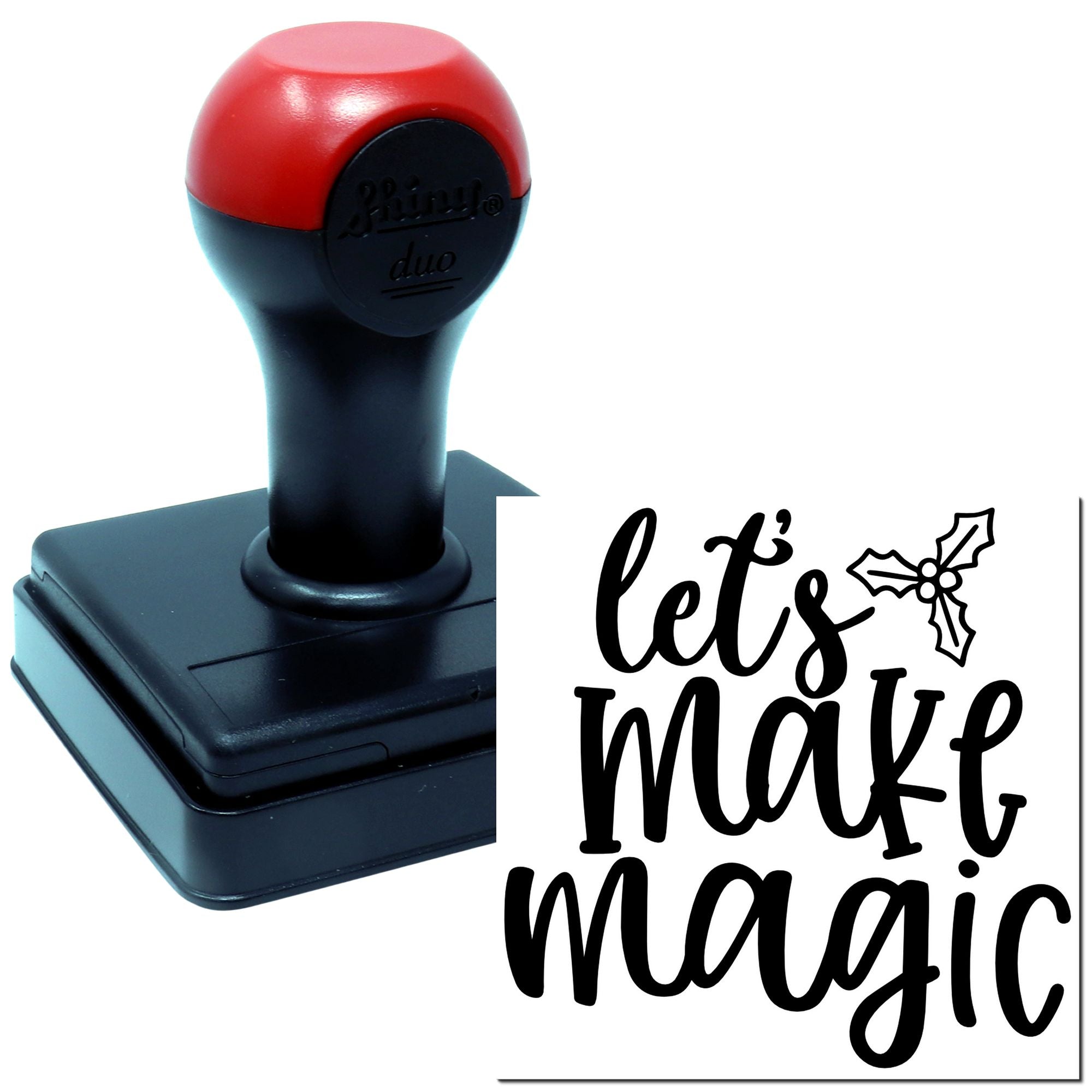 Personalized self-inking rubber stamp with Lets Make Magic design and holiday holly icon, shown with stamped impression.