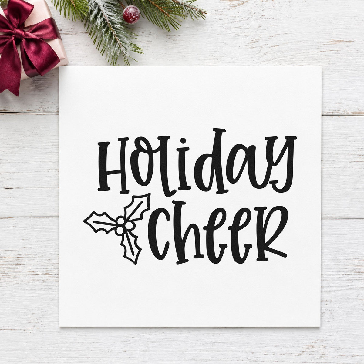 Holiday Cheer Holly rubber stamp printed in black ink, ready for tall beside holly cards and similar paper crafts.