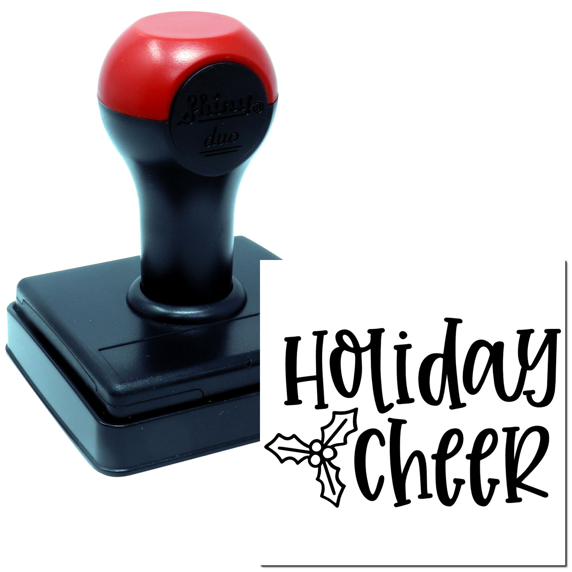 Self-inking rubber stamp with Holiday Cheer design for festive cards, gift tags, and holiday crafts.