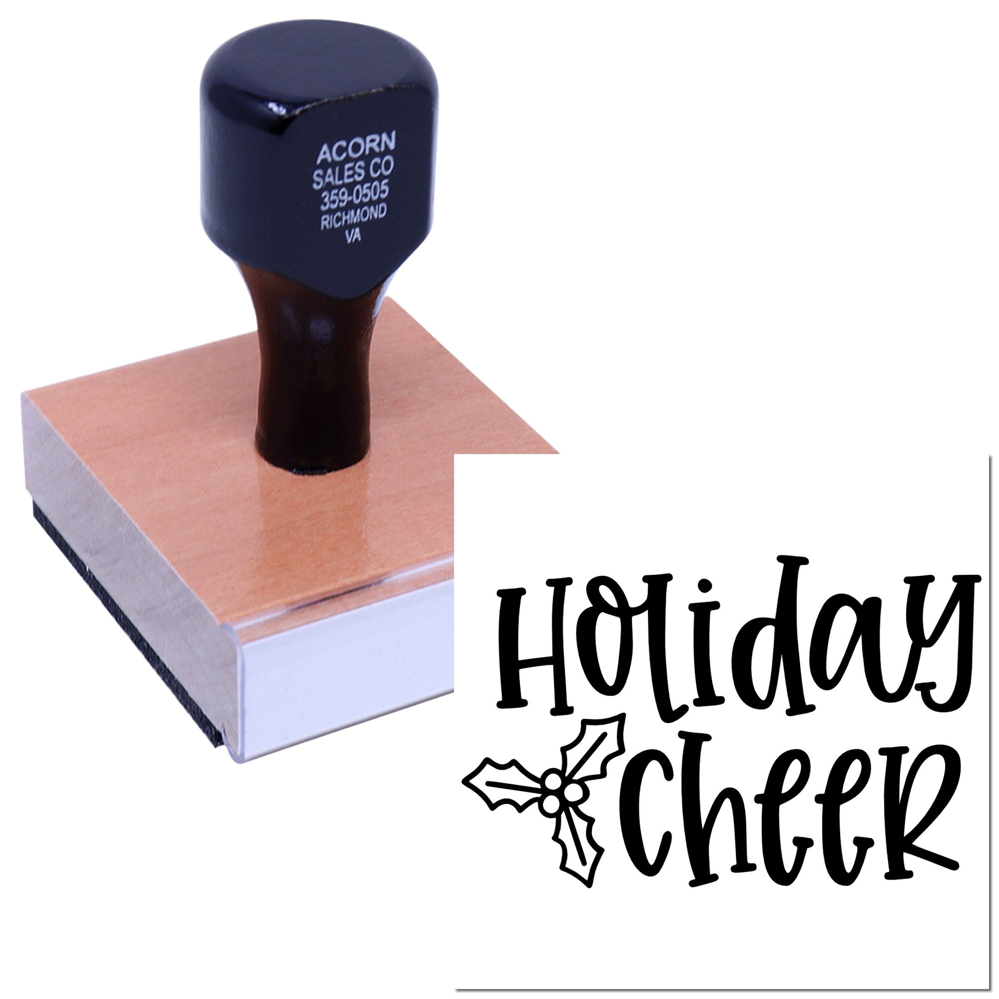 Holiday Cheer rubber stamp with holly design for festive cards, scrapbooking, and holiday packaging.