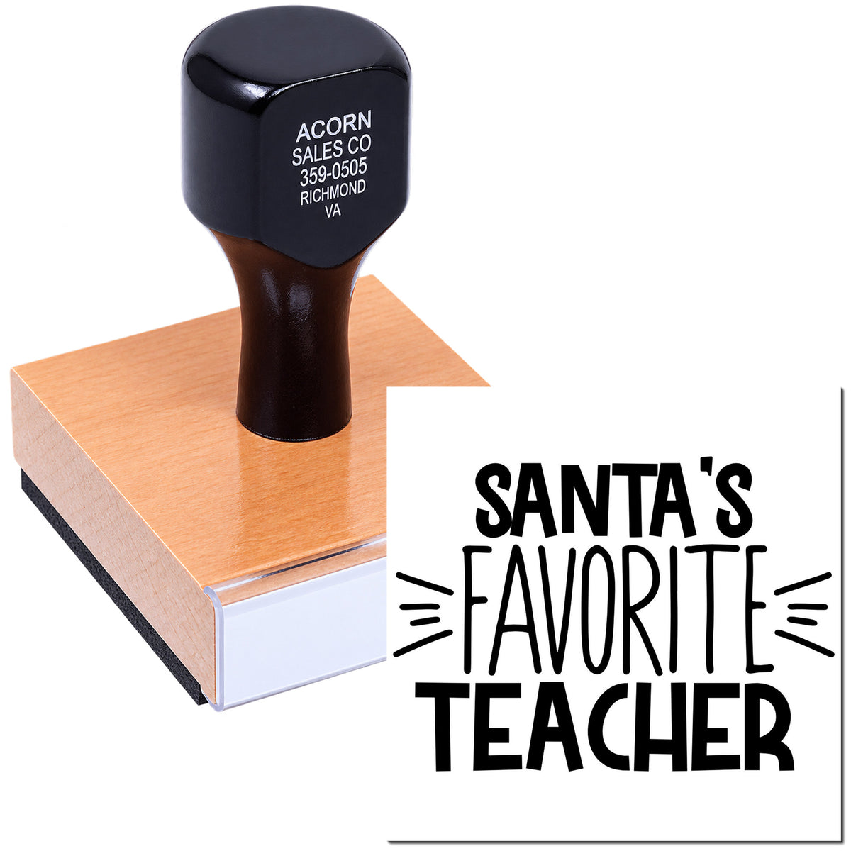 Santas Favorite Teacher rubber stamp for holiday gift marking, shown with a custom wood-handled stamp design.