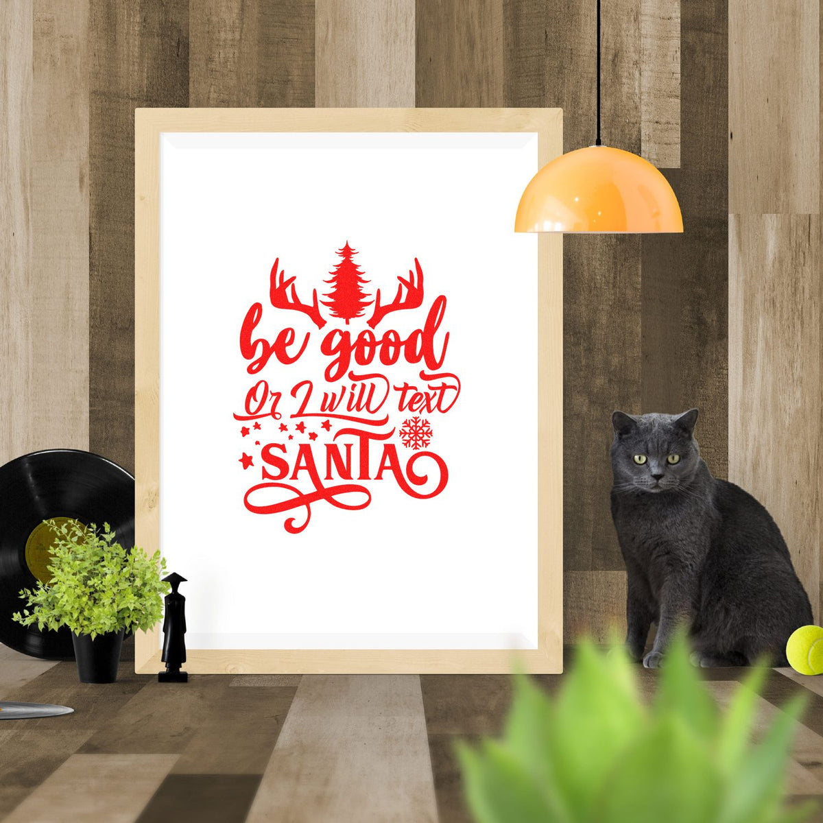 Custom holiday rubber stamp design with reindeer antlers and Be good or I will text Santa text for festive crafts.