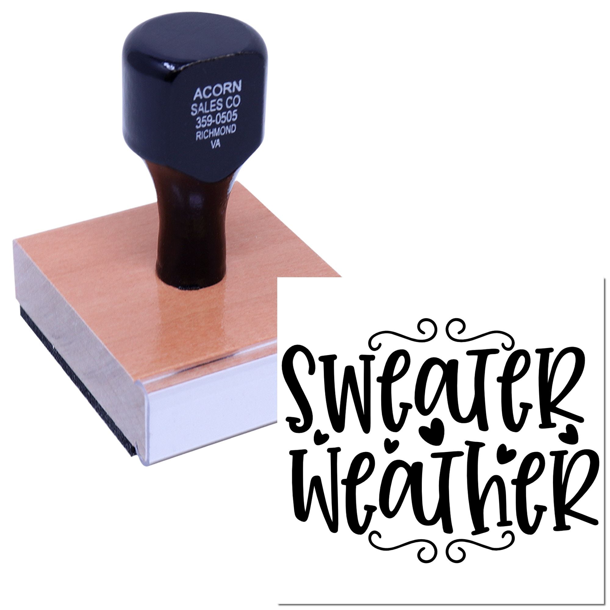Custom mounted rubber stamp with Sweater Weather design for seasonal crafts, scrapbooking, and handmade packaging.