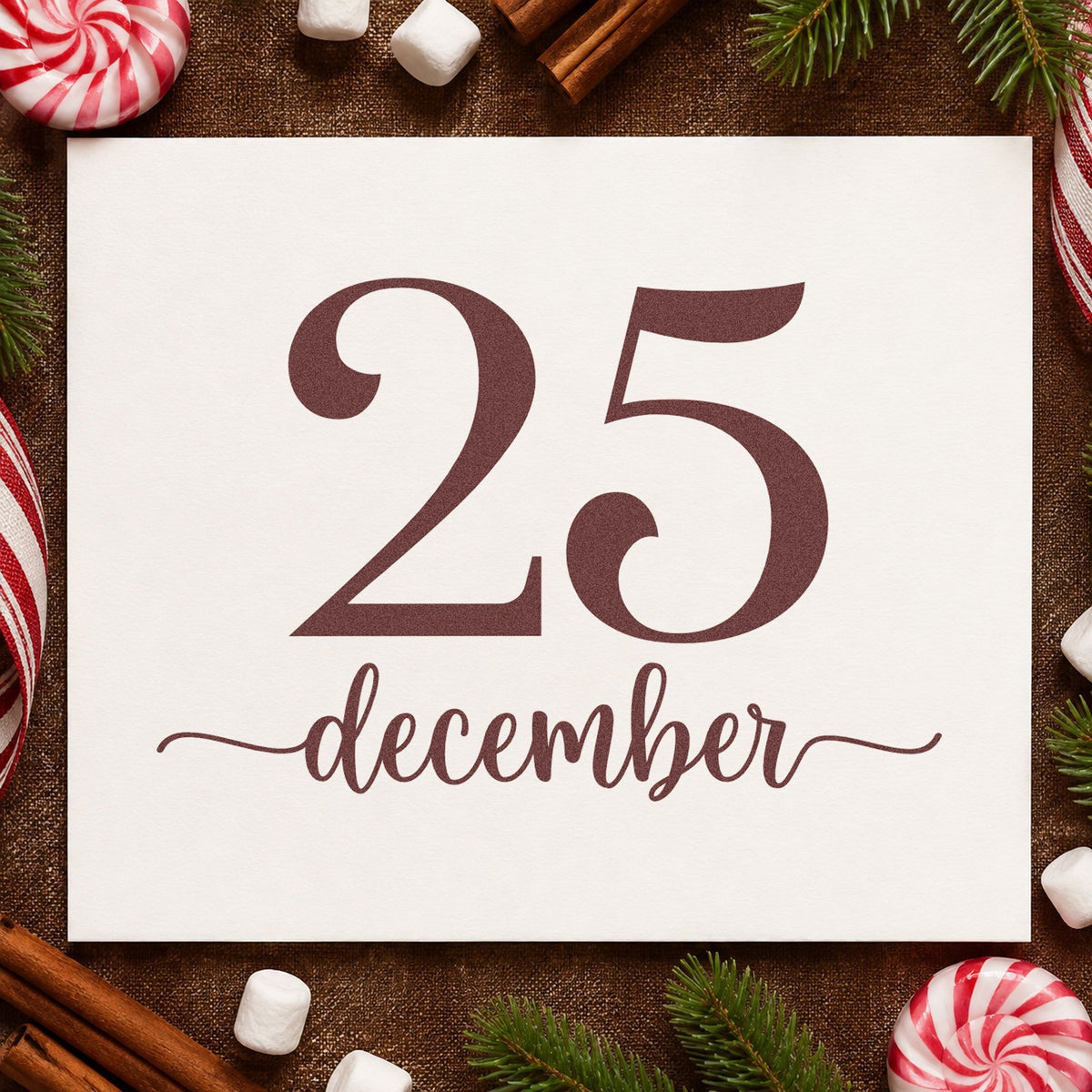 December Twenty Five rubber stamp printed in brown ink, ready for anniversary log sheet and similar paper crafts.