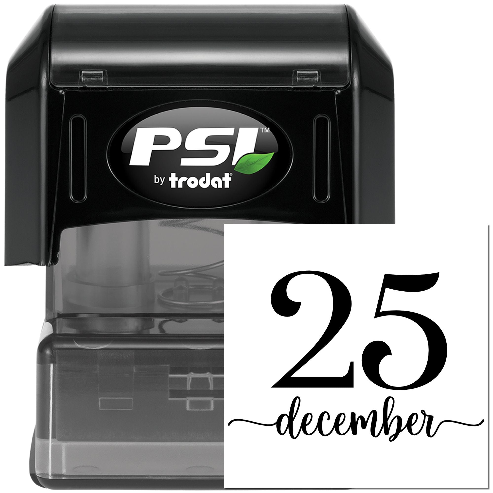 PSI by Trodat self-inking rubber date stamp with 25 December imprint for office documents and paperwork.
