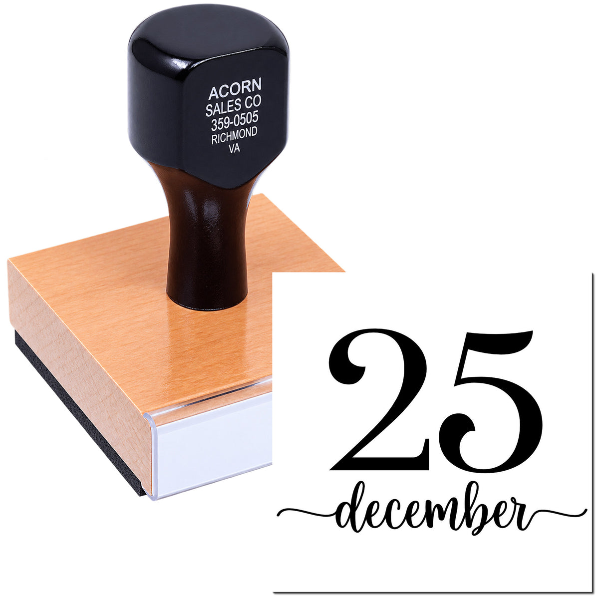 Custom rubber stamp for 25 December date marking, ideal for holiday branding, packaging, and craft projects.