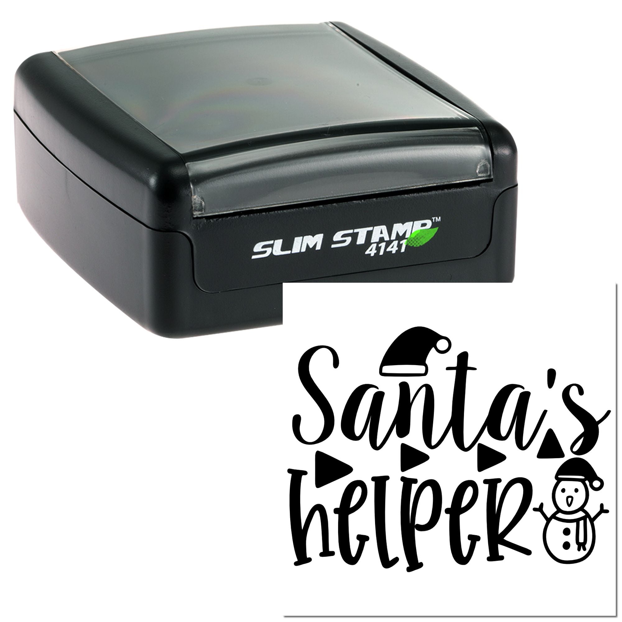Custom self-inking rubber stamp featuring a Santas helper holiday design for festive Christmas labeling.