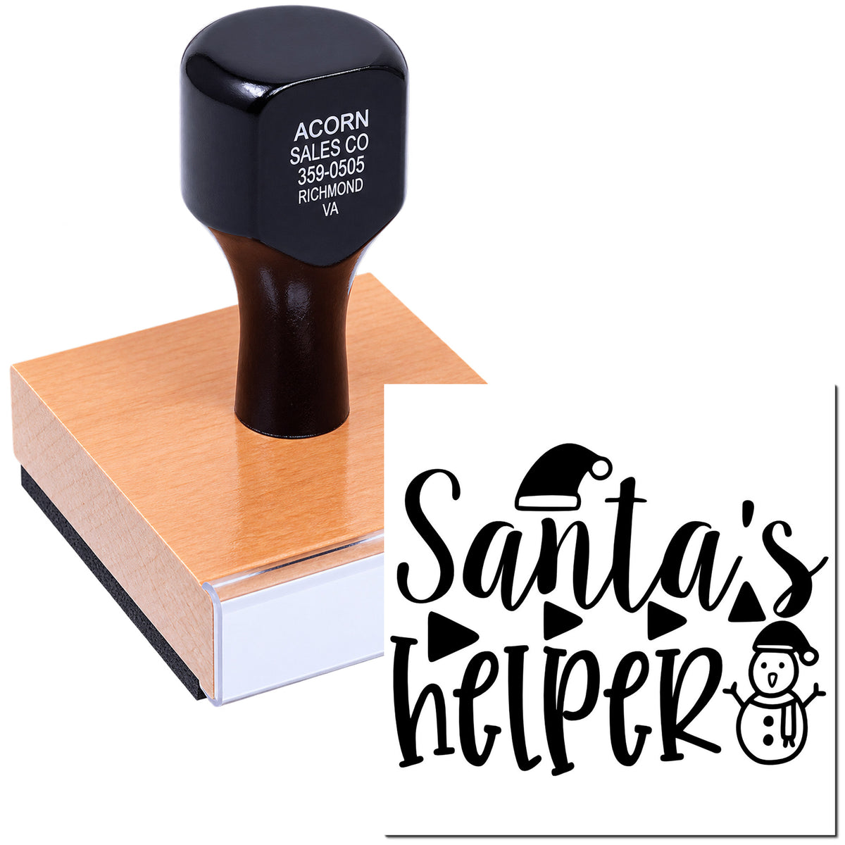 Custom Christmas rubber stamp with Santas Helper design for festive holiday cards, gifts, and crafts.