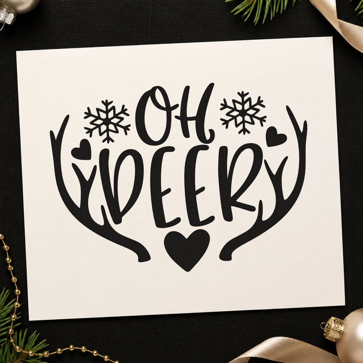 Oh Deer Antlers Snowflakes rubber stamp printed in black ink, ready for hearts and antlers cards and similar paper crafts.