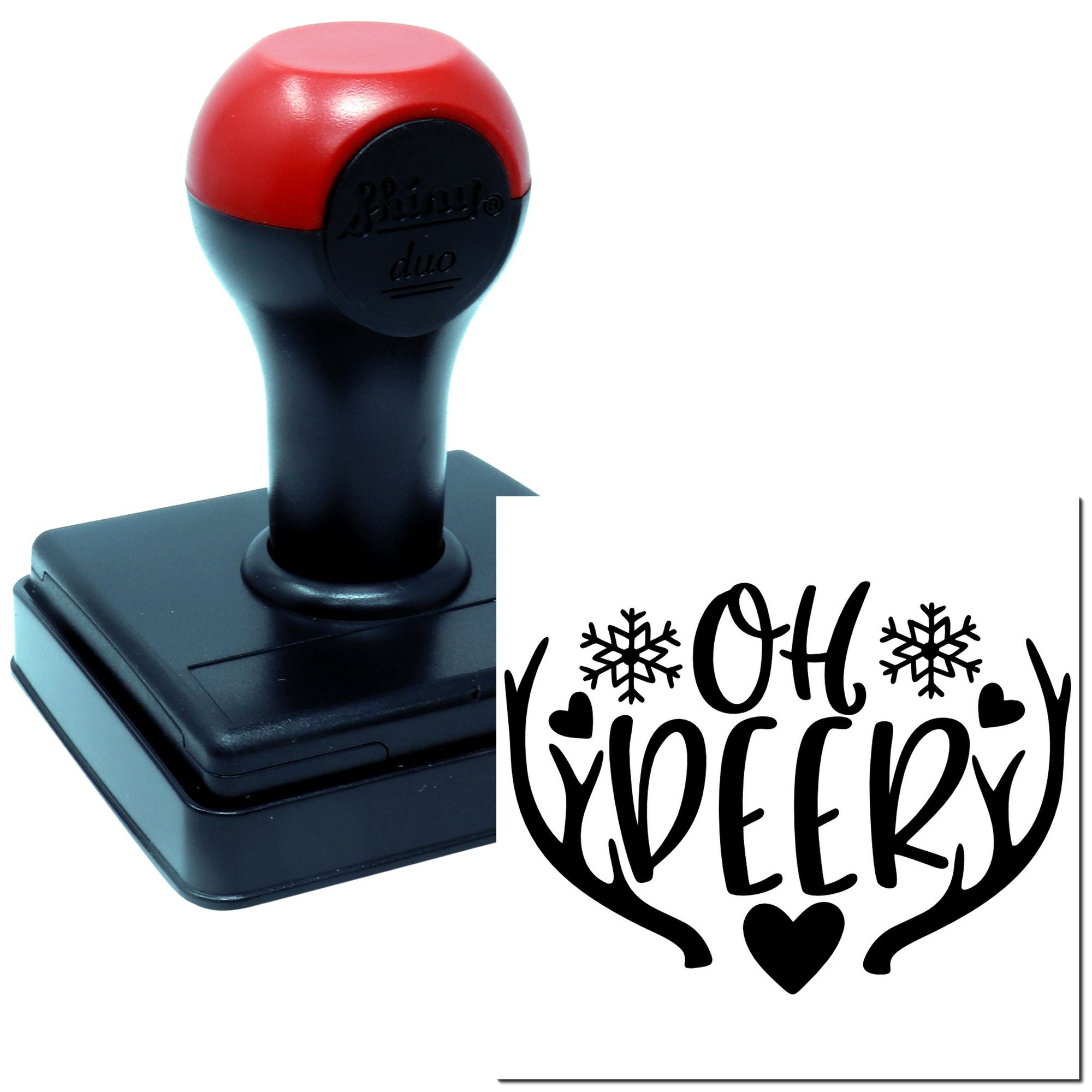 Custom self-inking rubber stamp featuring a festive Oh Deer winter design with snowflakes, antlers and hearts.
