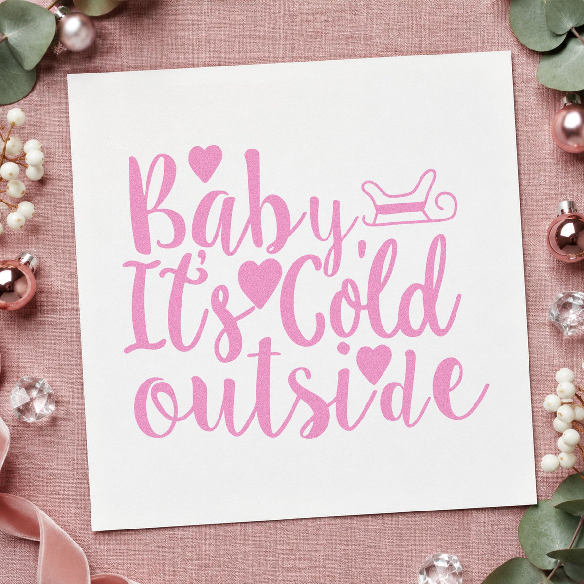 Baby It's Cold Outside Sleigh craft stamp in purple ink on cardstock, an easy option for winter date album.