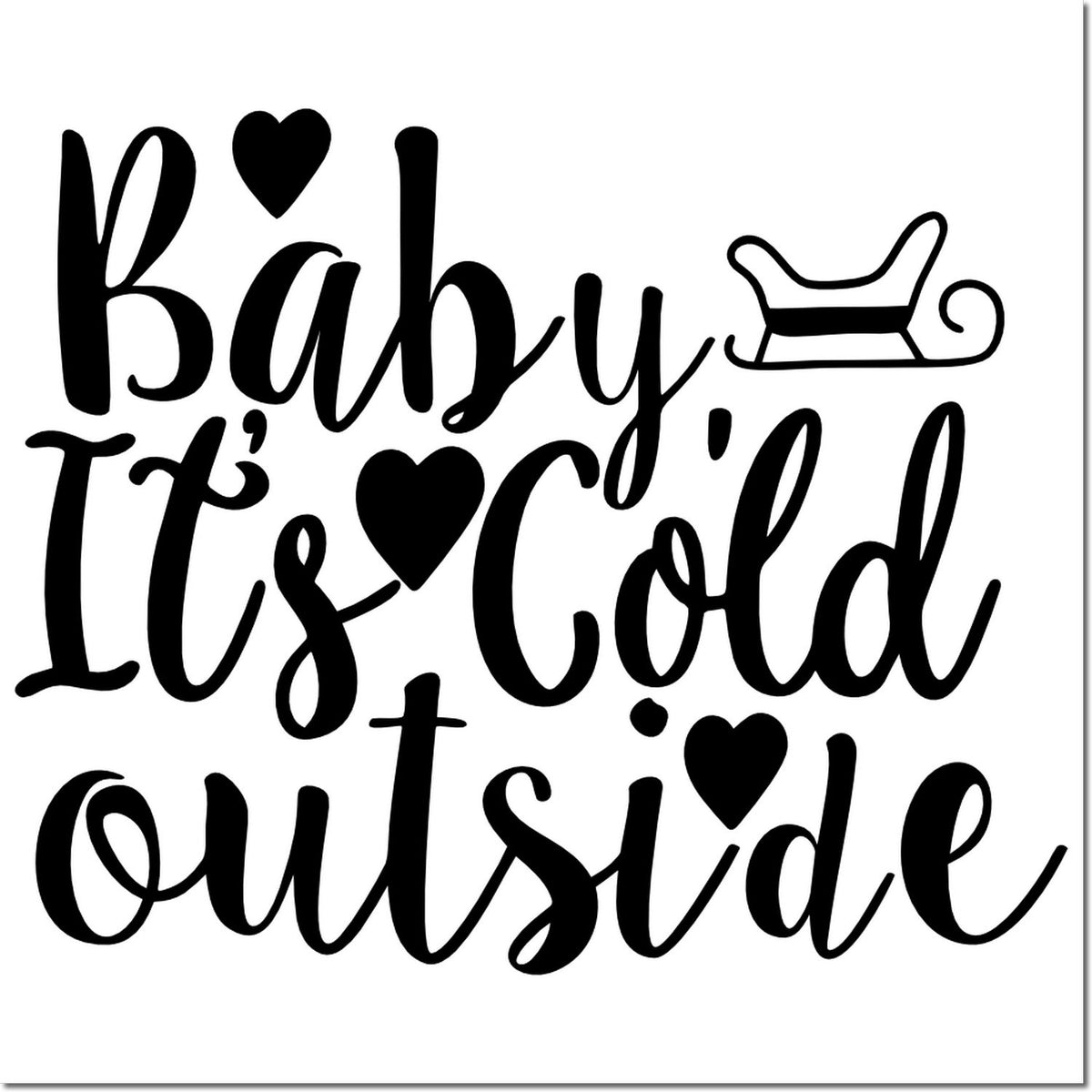 Baby Its Cold Outside rubber stamp with sleigh and hearts for winter cards, holiday crafts, and seasonal dcor.