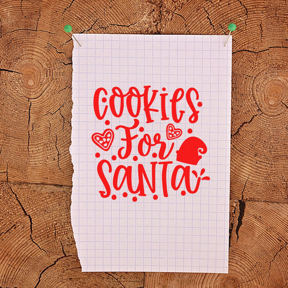 Christmas Cookies for Santa rubber stamp design with hearts and Santa hat on pinned paper over rustic wood background.