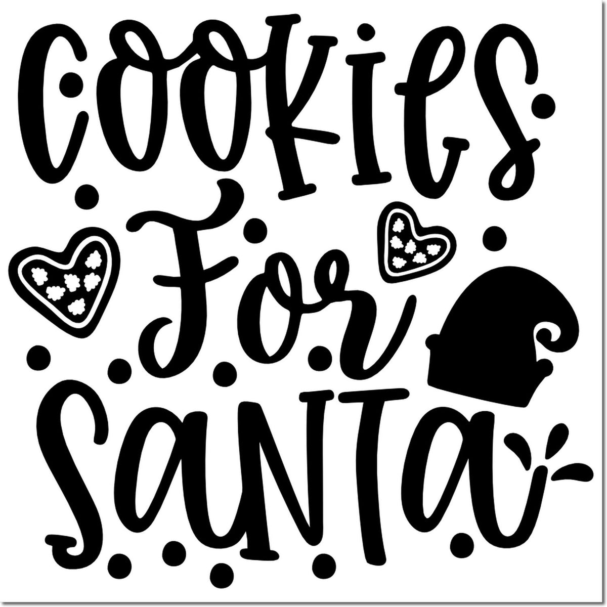 Cookies for Santa rubber stamp design with hearts and Santa hat, perfect for Christmas baking, holiday cards, and gift tags.
