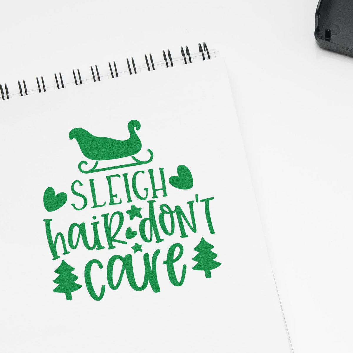 Holiday rubber stamp design with sleigh and Sleigh hair dont care text for Christmas cards, crafts, and DIY projects.