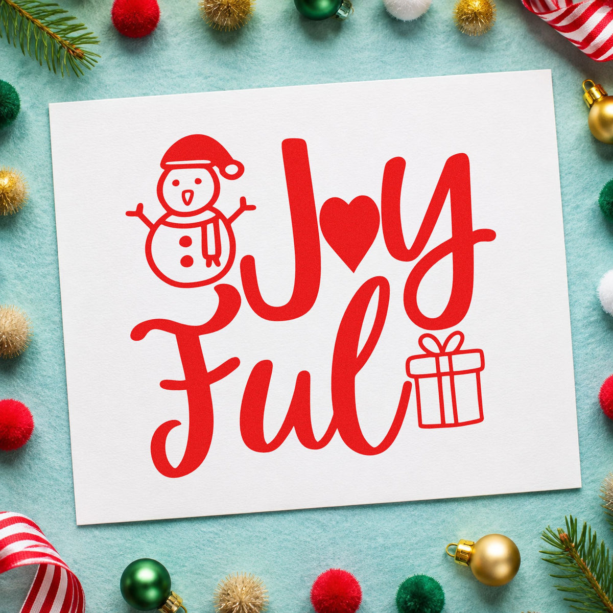 Joyful Snowman And Gift craft stamp in red ink on cardstock, an easy option for mitten palm printing.