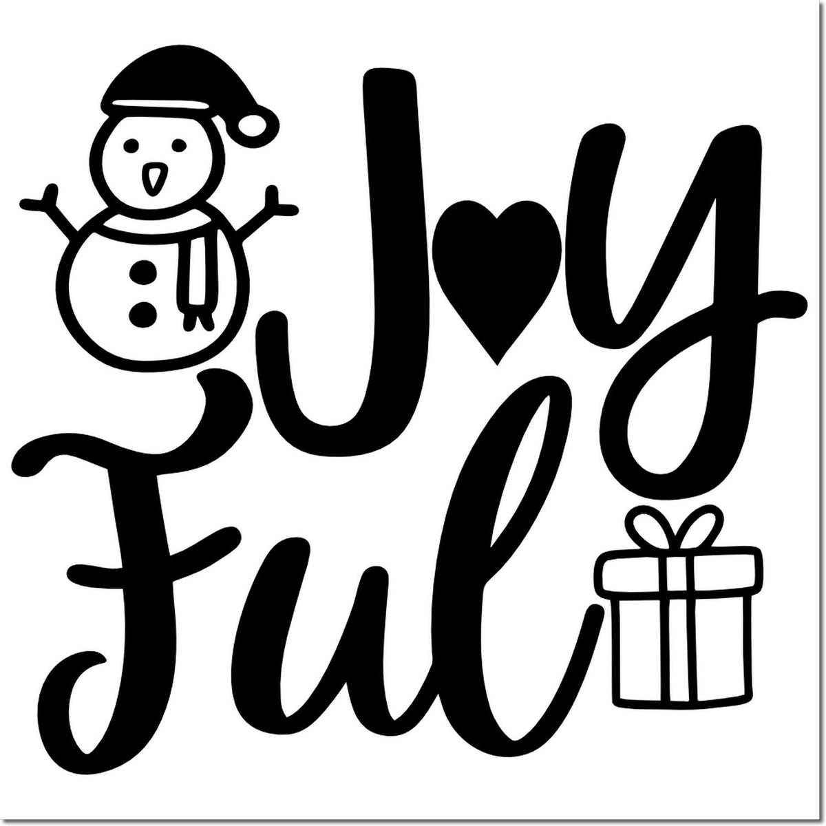 Joyful holiday rubber stamp design with snowman, heart, and gift box for festive cards and scrapbooking.