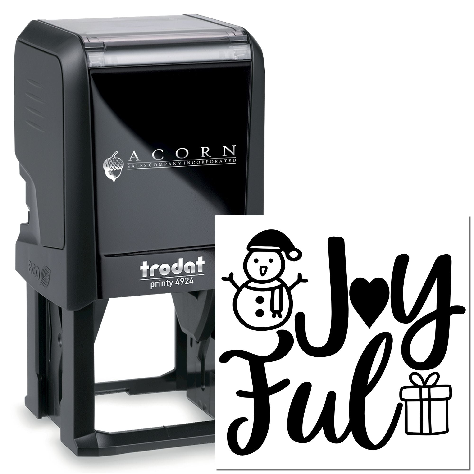 Custom self-inking rubber stamp, Trodat Printy 4924, with holiday Joyful design, snowman, and gift icon for festive marking.