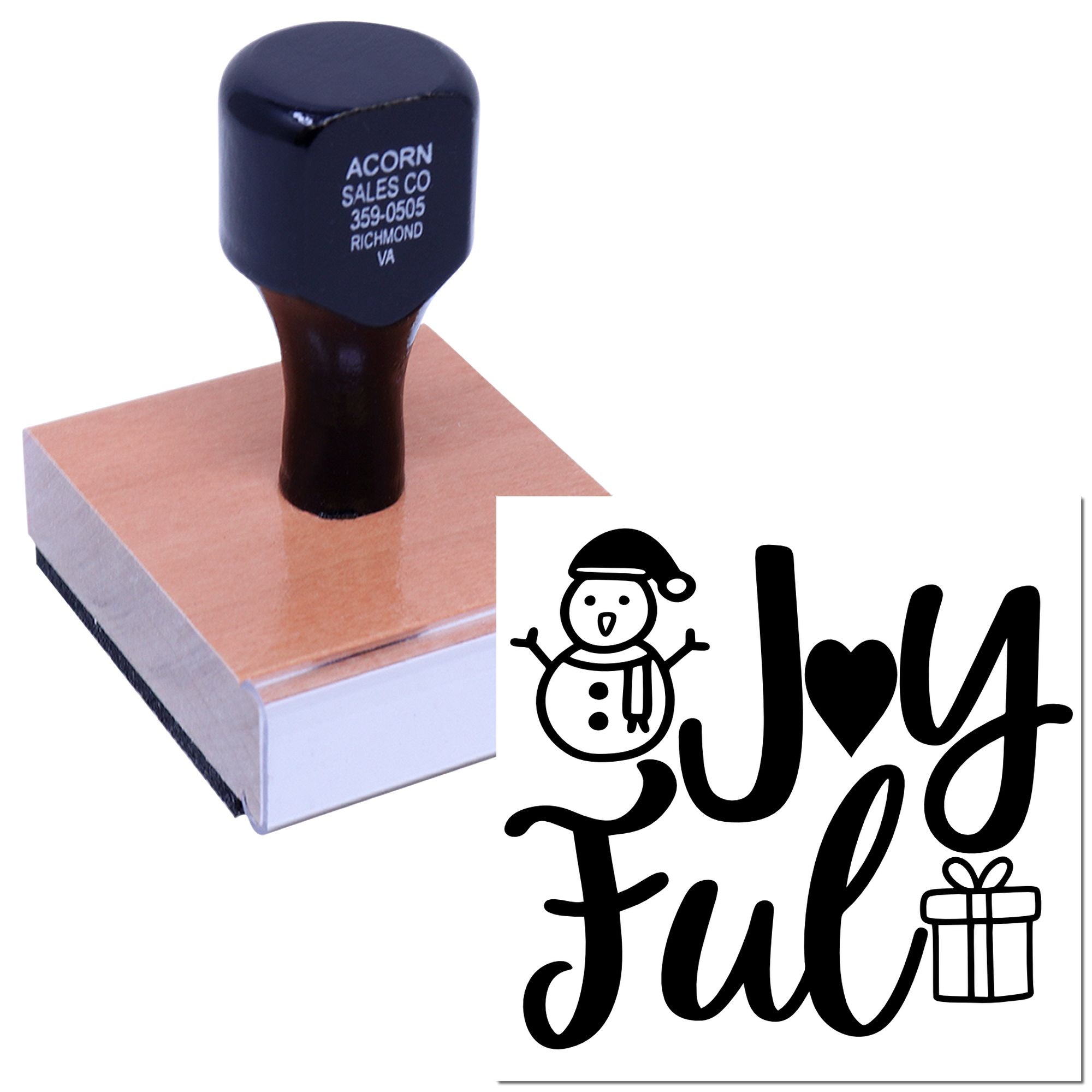 Custom holiday rubber stamp with Joyful snowman and gift design for festive cards, scrapbooking, and crafts.