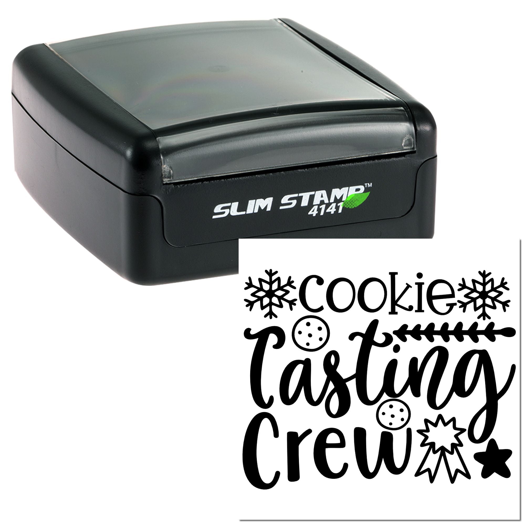 Slim self-inking rubber stamp with Cookie Baking Crew design for holiday baking labels and custom cookie packaging.