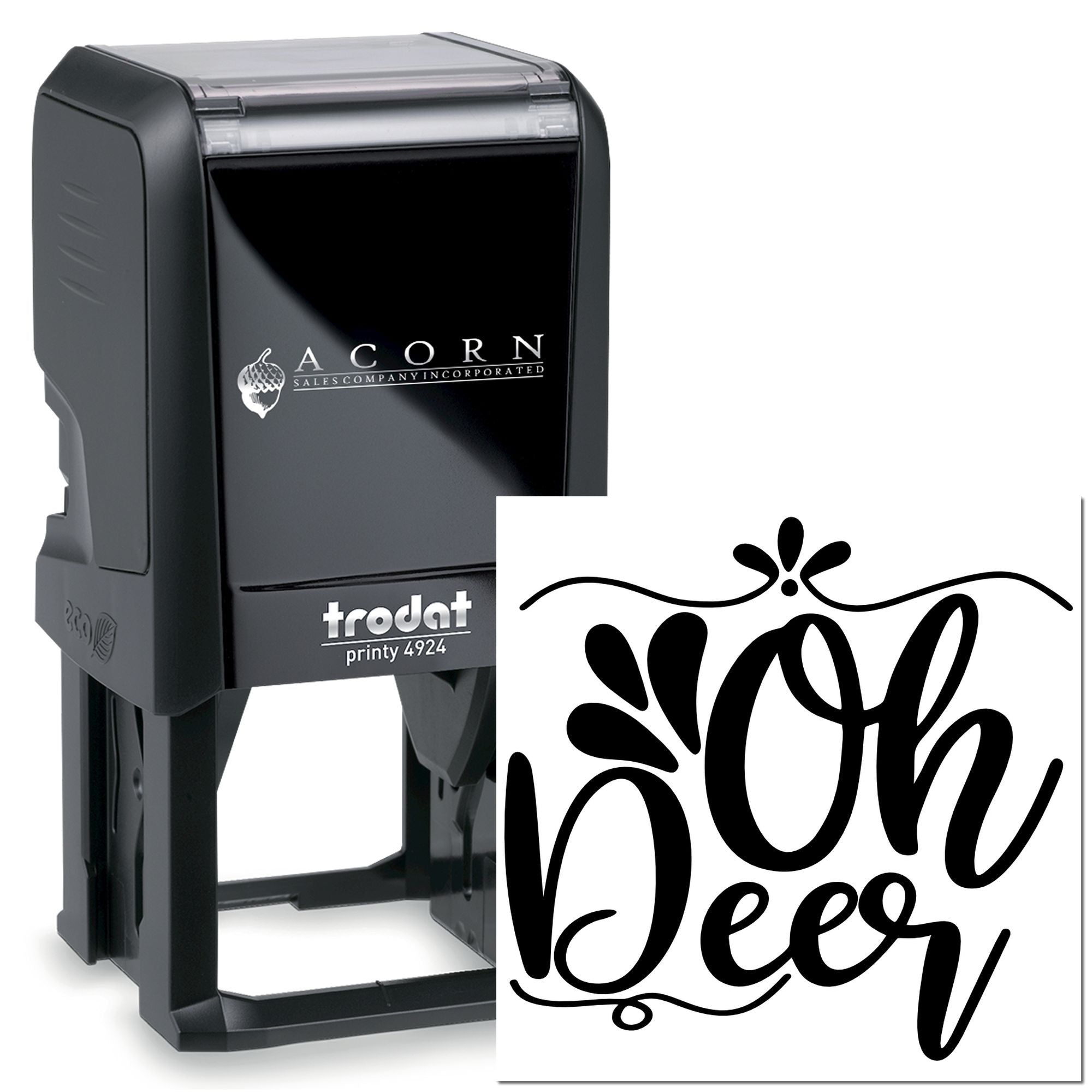 Trodat Printy 4924 self-inking rubber stamp with custom Born Deer design for personalized business branding.
