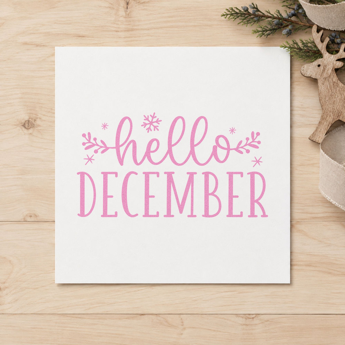 Hello December Sprigs craft stamp in purple ink on cardstock, an easy option for month opener album.