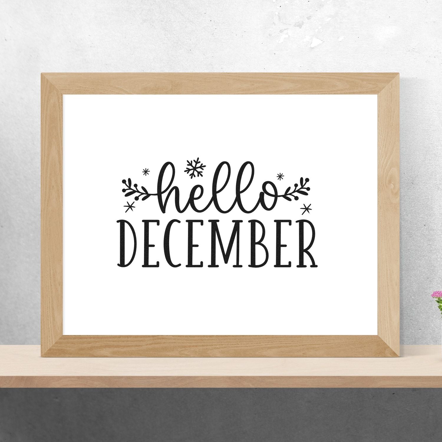 Hello December rubber stamp design with snowflake and floral accents for winter cards, crafts, and holiday stationery.