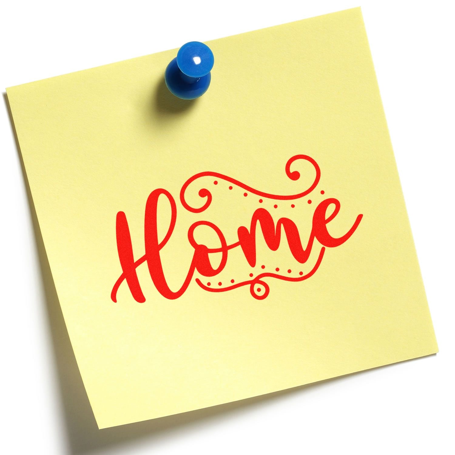 Red home rubber stamp impression on a yellow sticky note, ideal for custom home decor, craft, and stationery stamping.