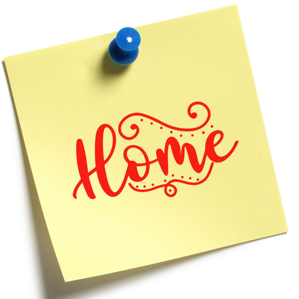 Red decorative home rubber stamp on a pinned sticky note, ideal for custom stationery, crafts, and address labeling.