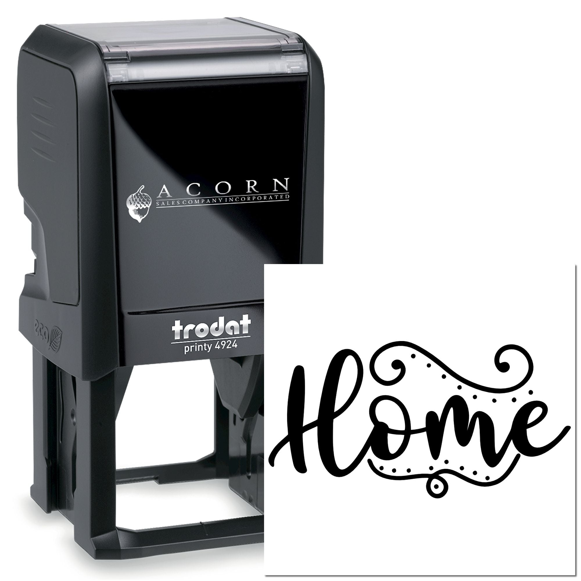 Custom Trodat Printy 4924 self-inking rubber stamp with decorative Home design for personalized crafting and labeling.