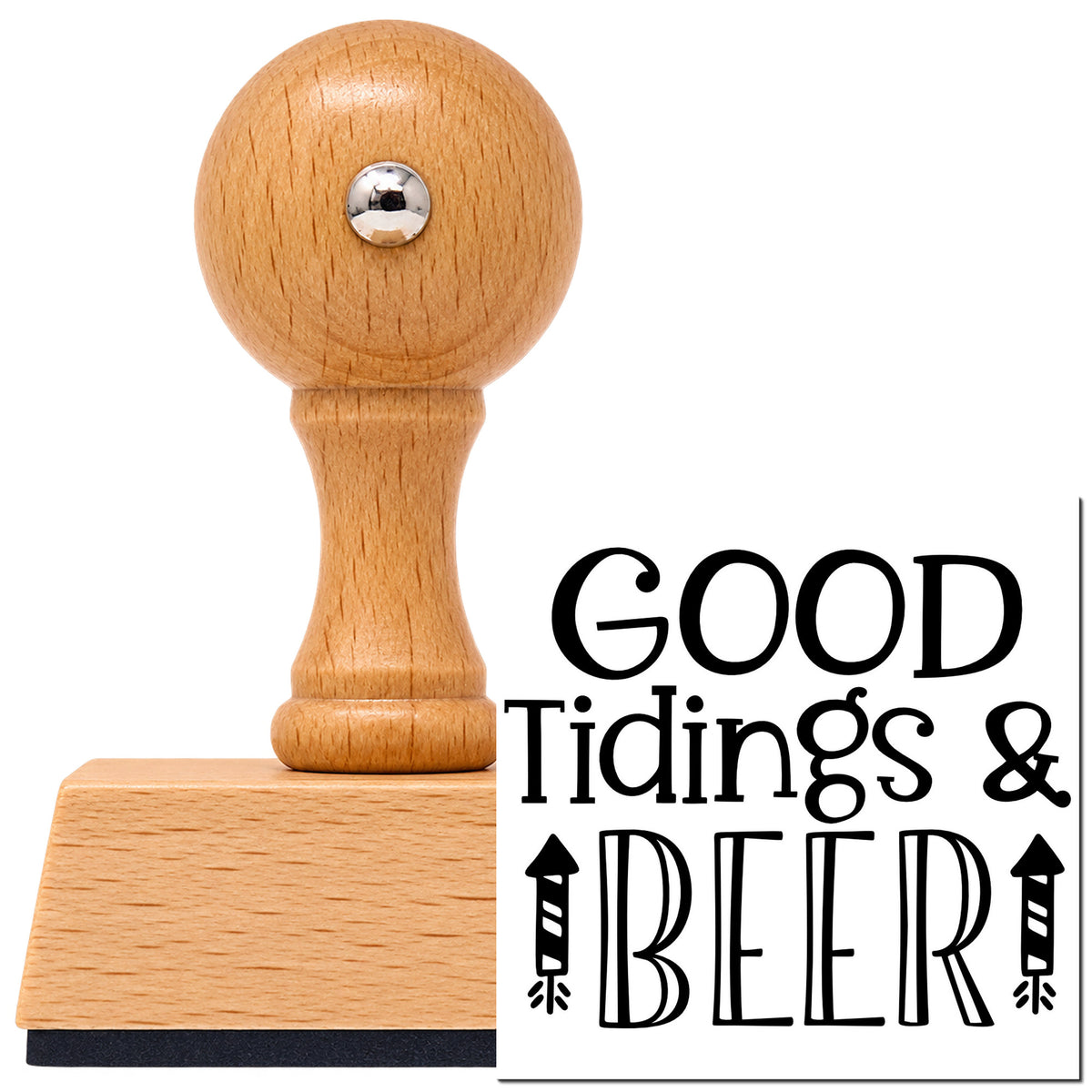 Good Tidings & Beer Arrow Vintage Pro rubber stamp in European beech wood with a round knob handle, shown beside its black imprint.