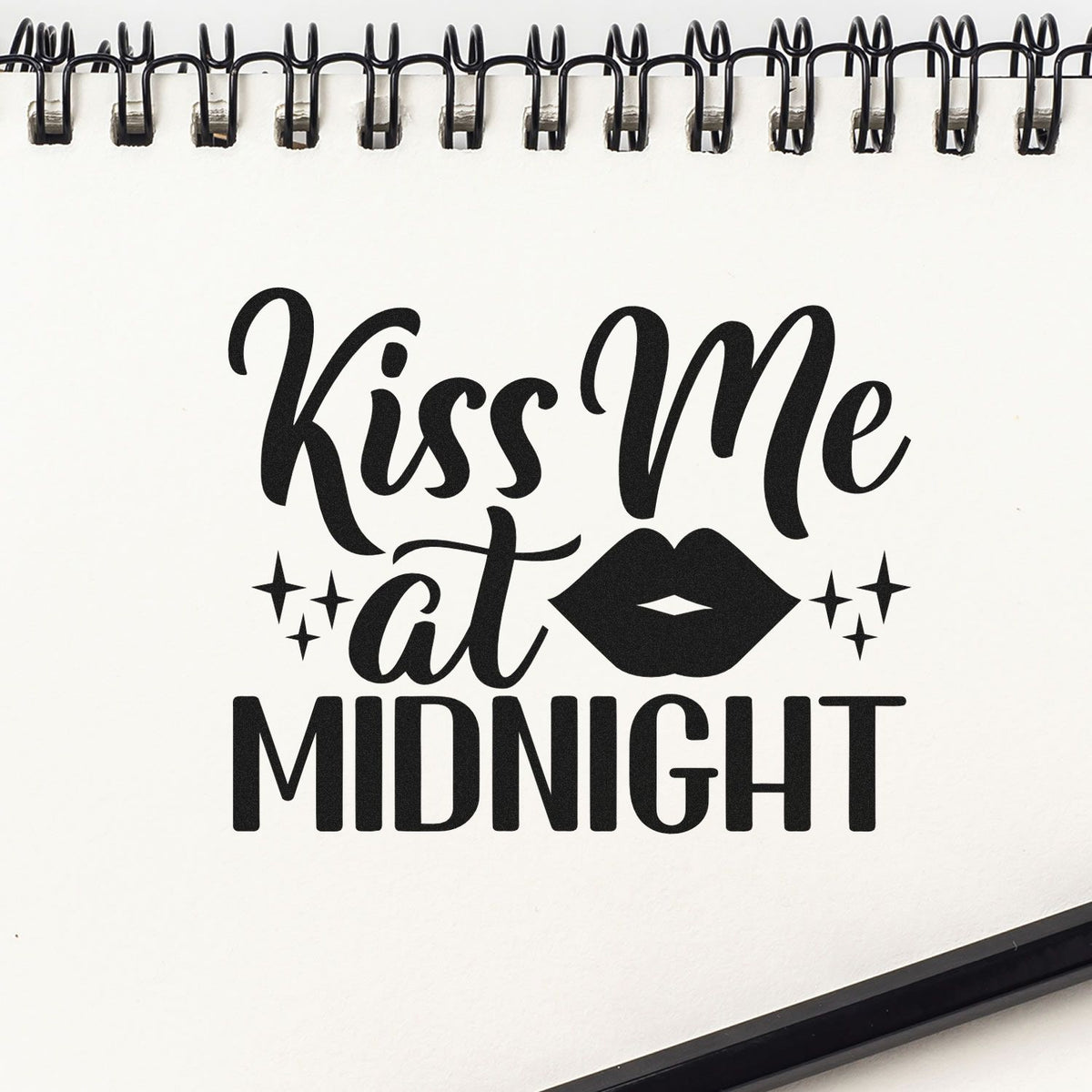 Kiss Me At Midnight With Sparkles Stamp - Premium Vintage Pro Wooden imprint stamped in black ink. "Kiss Me at Midnight" features a pair of lips and small sparkles.