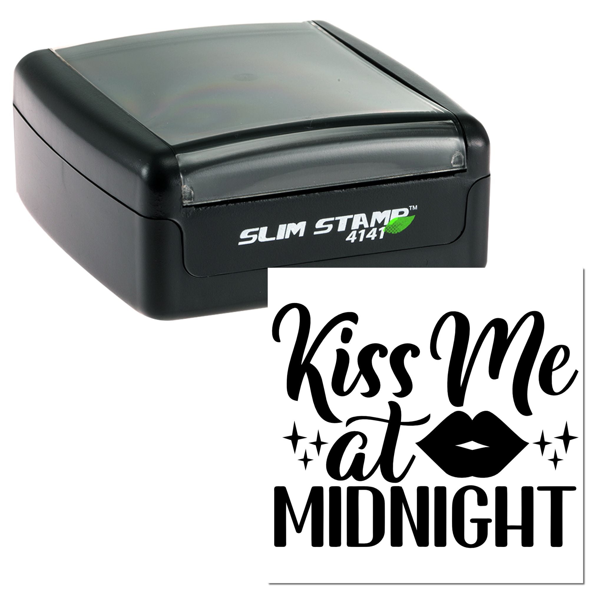 Self-inking rubber stamp with Kiss Me at Midnight design for wedding, Valentines, or New Years party favors.