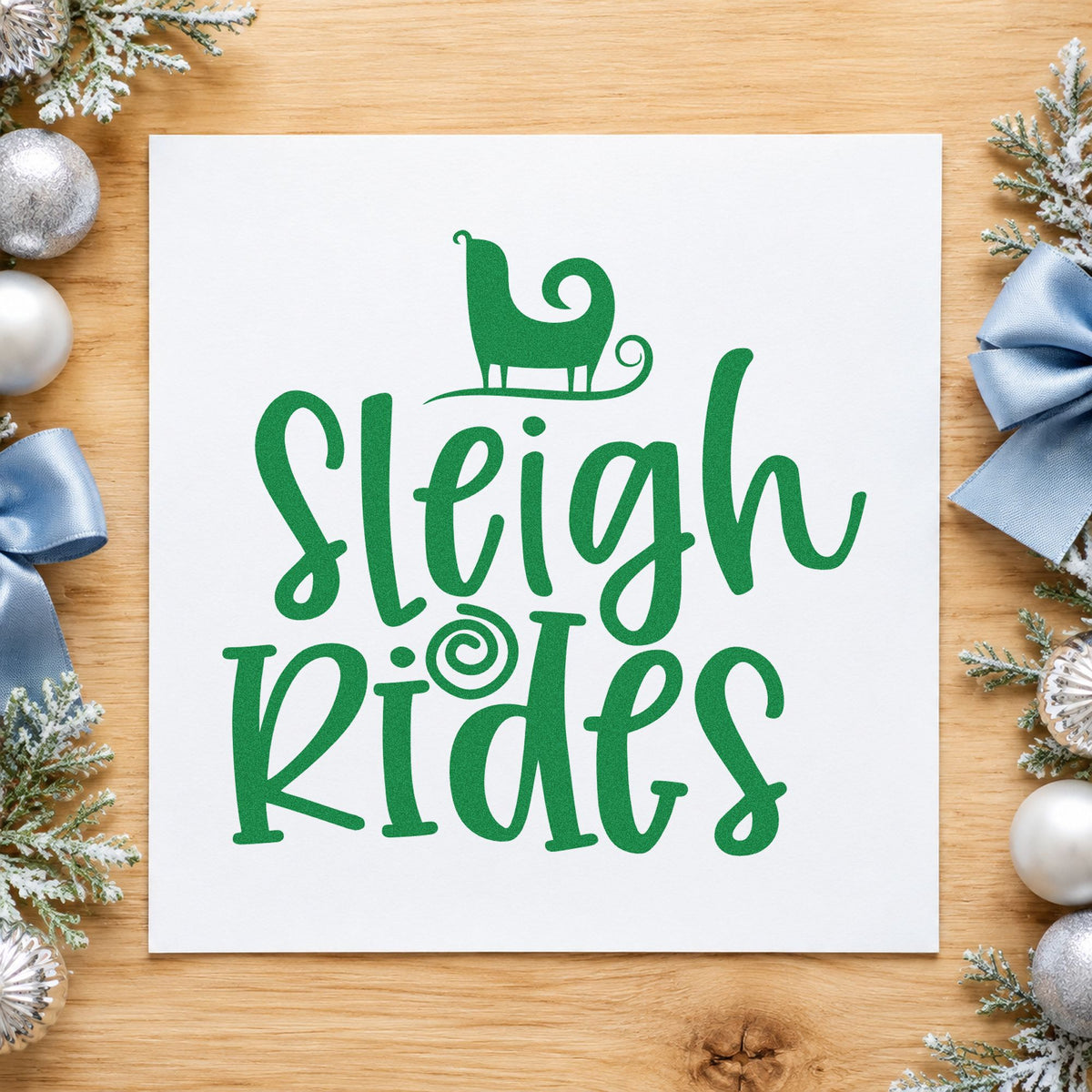 Sleigh Rides Silhouette craft stamp imprinted in green ink on paper, a design suited to framed barn office.