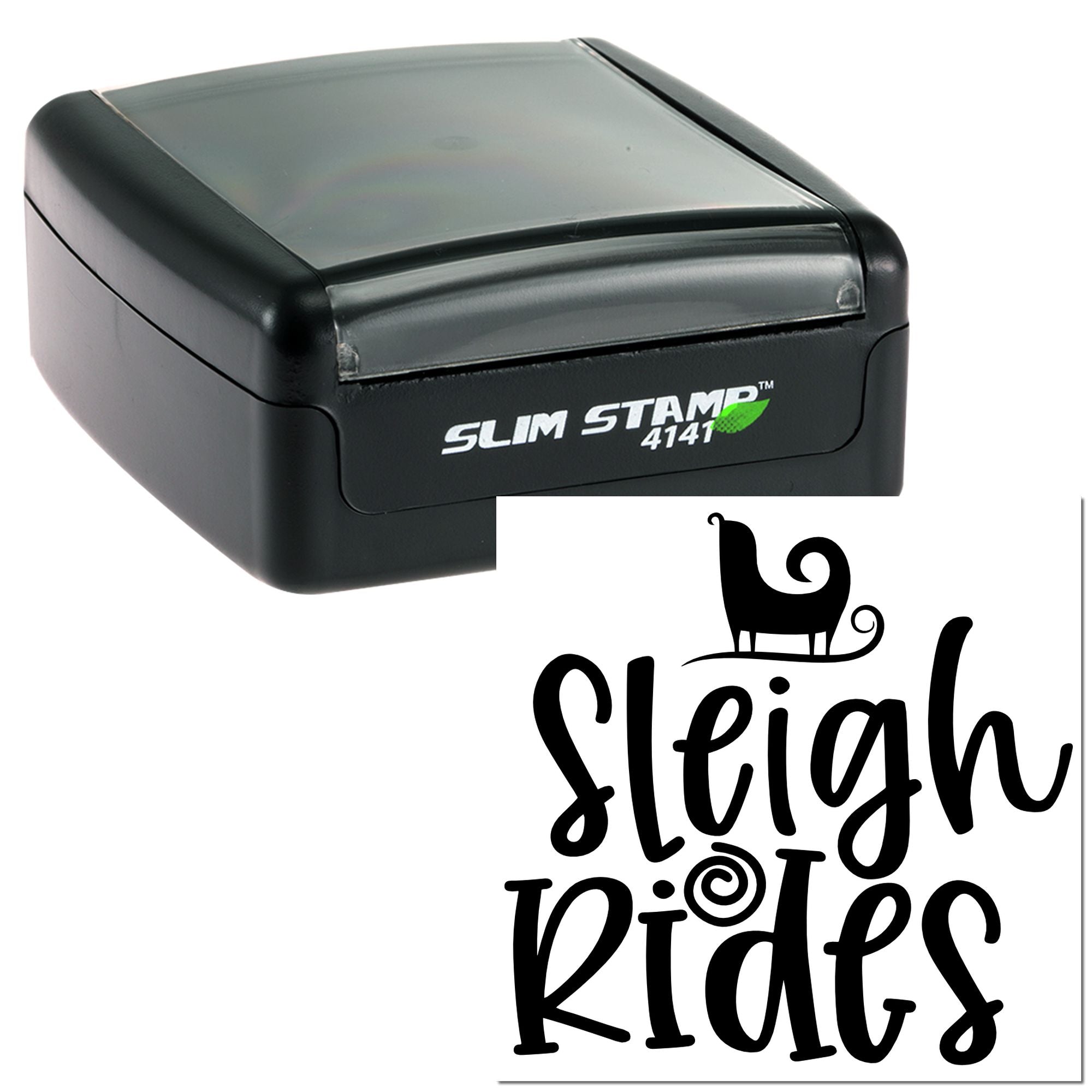 Self-inking rubber stamp with custom Sleigh Rides design for holiday invitations, cards, and winter event branding.
