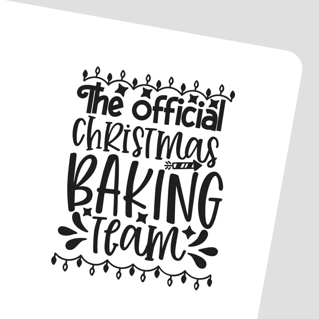 Christmas baking team rubber stamp design with festive hand-lettered quote for holiday baking projects and gift tags.