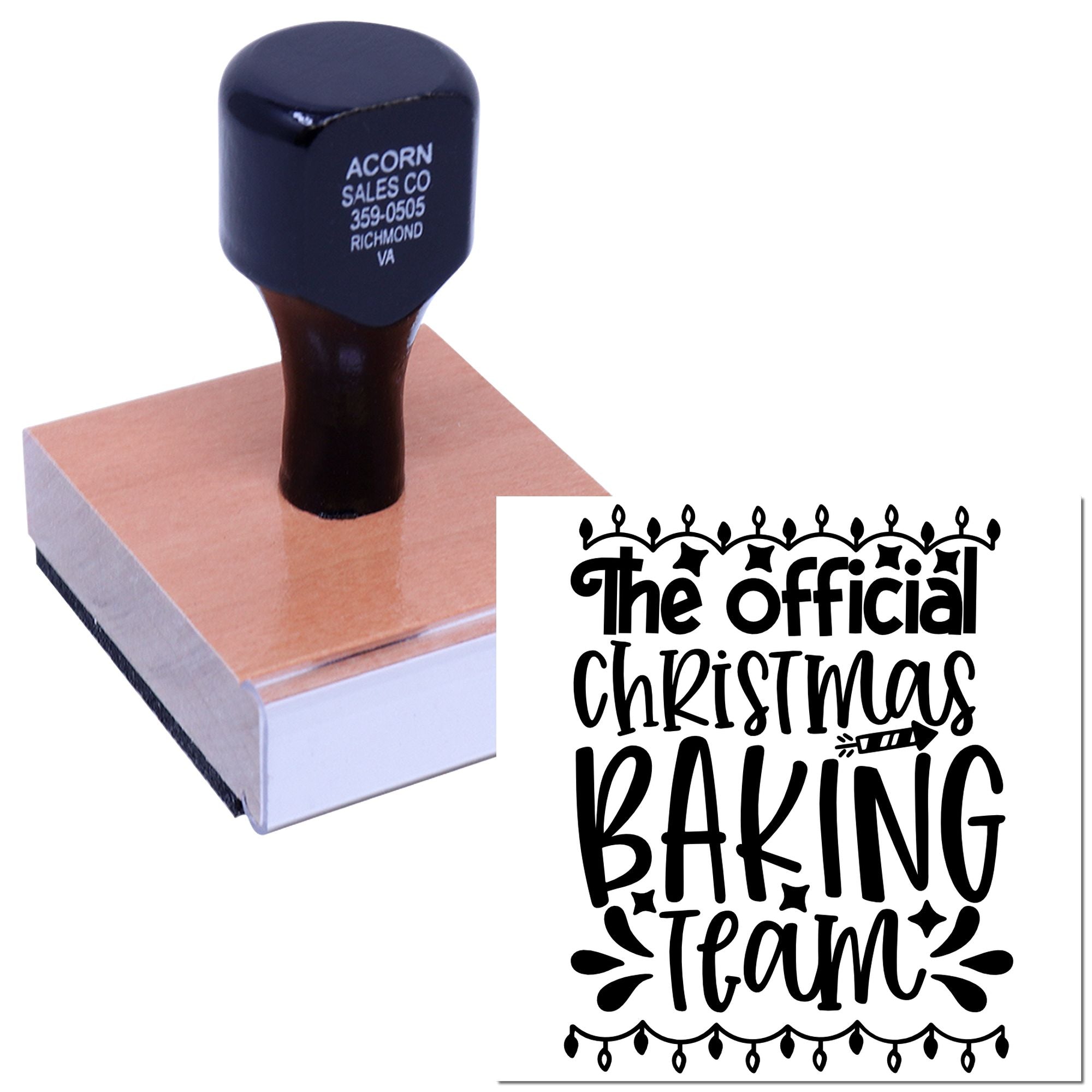 Custom rubber stamp with The Official Christmas Baking Team design for holiday baking projects and festive packaging.