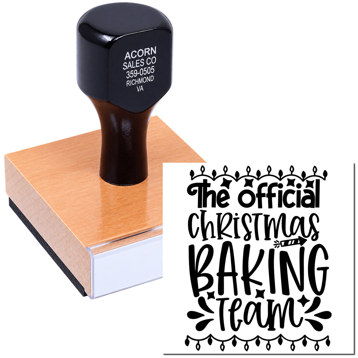 Custom rubber stamp with The Official Christmas Baking Team design for holiday baking projects and festive packaging.